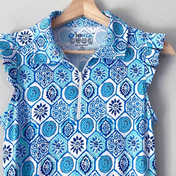 Ibkul Terra Print Sleeveless Ruffle Dress Size XS Seafoam Blue Mandala UPF 50+ - Picture 4 of 12